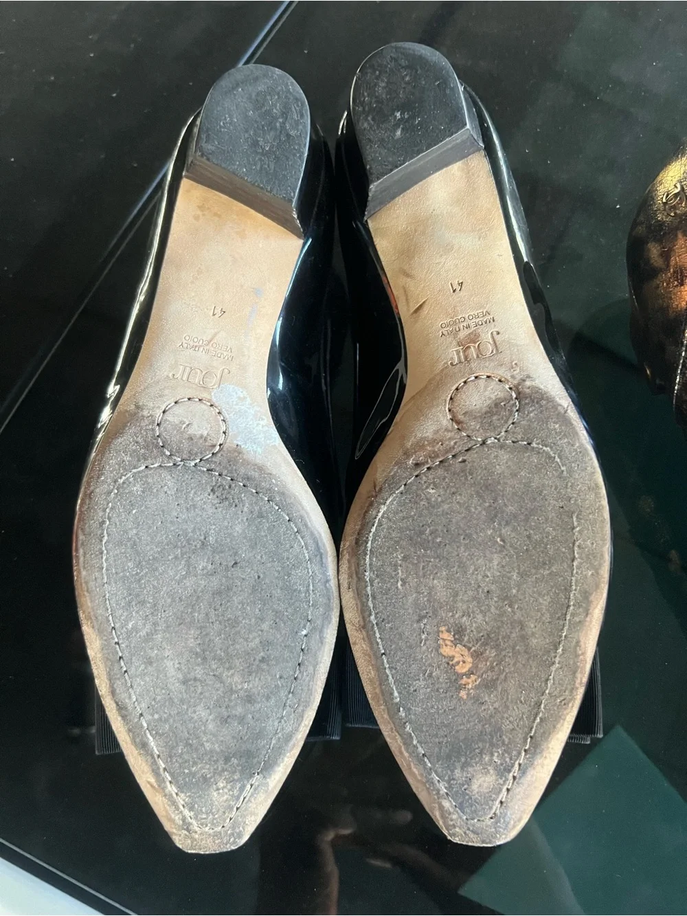 O Jour Black Patent Pointed Toe Flats with Bow and Gold Toe Cap